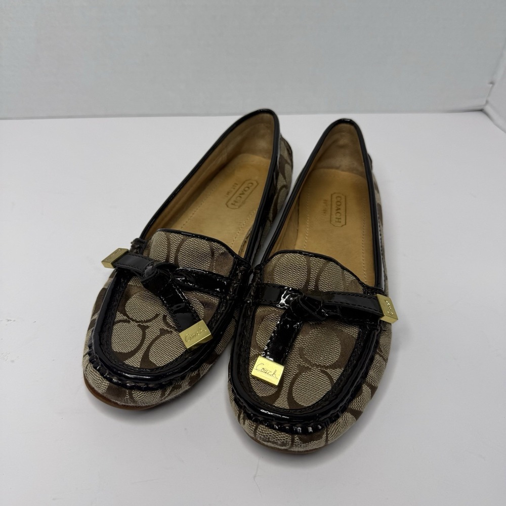Coach Frida Signature Loafers Flats Brown Khaki Black Patent F20701 Womens 5B